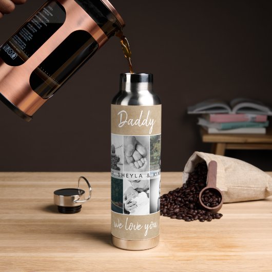 Vader met Kinderen en familie Papa 6 Foto Collage Waterfles (Koffie)