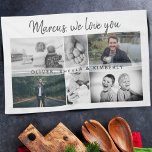 Vader met Kinderen en familie Papa Foto Collage Theedoek<br><div class="desc">Vader met Kinder en familievader Foto Collage keukenhanddoek. Collage van 6 foto's, naam en zoet bericht in een trendy manuscript en namen van kinderen die de foto's bekleden. Voeg je 6 favoriete familiefoto's toe en personaliseer je met je namen. Geweldig stokje en een geschenk voor de verjaardag, vaderdag of Kerstmis...</div>