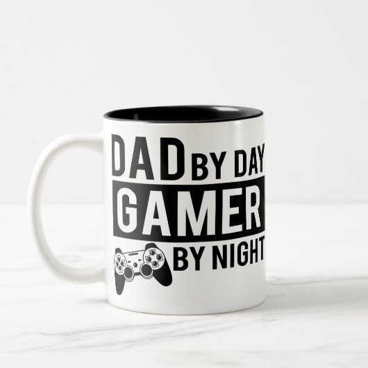 vader per dag gamer in de nacht vaders cadeau tweekleurige koffiemok (Links)
