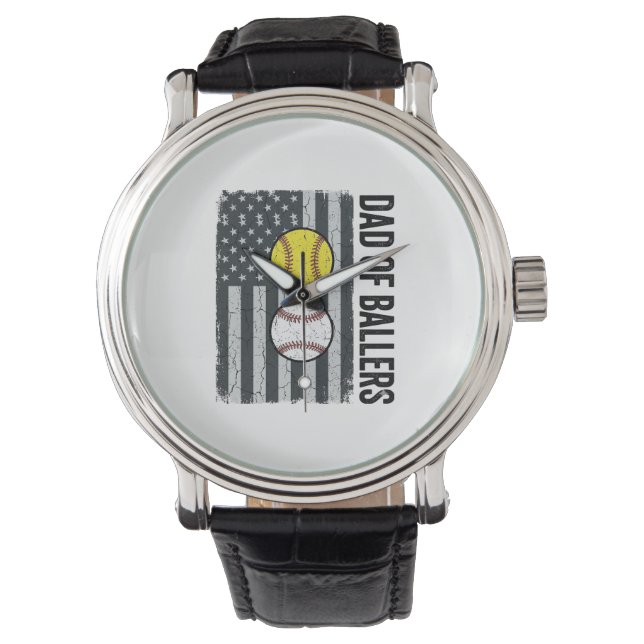 Vader van Ballers Softbal Honkbal Patriottisch Horloge (Voorkant)