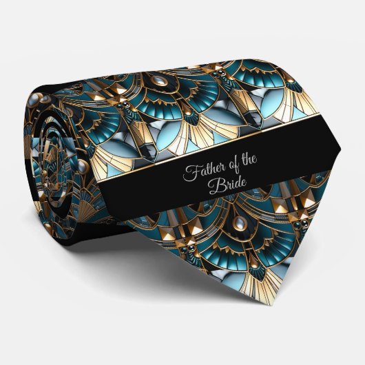 Vader van de bruid Art Deco Groen Zwart Goud Stropdas (Opgerold)