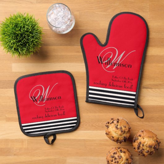 Vader van de bruid Kerstcadeau Monogram Chic Red Ovenwant & Pannenlap Set (Top down)