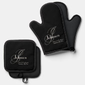 Vader Van De Bruidegom Grijs Monogram Wit Letterty Ovenwant & Pannenlap Set (Voorkant / Achterkant)
