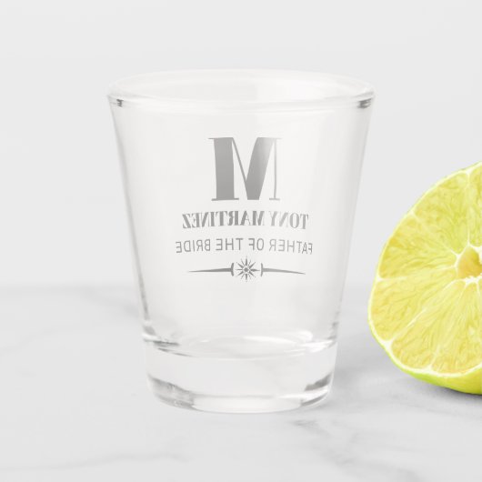 Vader van het bruinmonogram huwelijk shot glas (Achterkant)