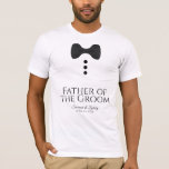 Vader van het Groom Black Stropdas Wedding T-shirt<br><div class="desc">Deze leuke t-shirts zijn ontworpen als gunsten of geschenken voor de vader van de groep. Het t-shirt is wit en heeft een afbeelding van een zwart boegstropdas en drie knoppen. De tekst leest Vader van de Groom, en heeft een plaats voor de naam van het trouwpaar en trouwdatum. Geweldige toevoeging...</div>