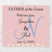 Vader van het Groom Pastel Roos Blue Monogram Sparkling Wijnetiket (Enkel label)