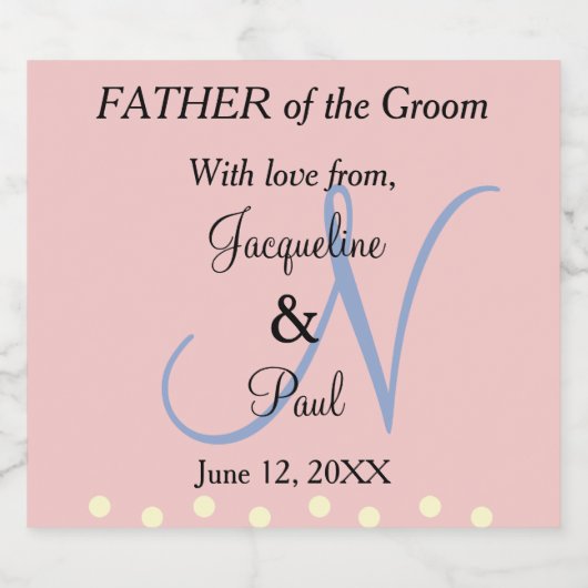 Vader van het Groom Pastel Roos Blue Monogram Sparkling Wijnetiket (Enkel label)