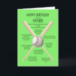 Vader, verjaardag honkbal grappen kaart<br><div class="desc">Voor een vader,  een grappige verjaardagskaart. Een leuke kaart met een honkbal en vleermuizen met veel echt slechte honkbalgrappen. Een kaart voor de sportman met gevoel voor humor. Bekijk het hele assortiment leeftijden en relaties in mijn winkel.</div>