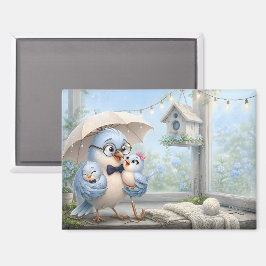 Vader Vogel Familie Koelkastmagneet – Mooie Blauwe Magneet
