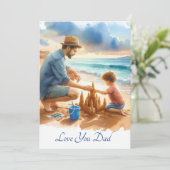 Vader Zoon Op Strand Maken Zandkasteel Aquarel Feestdagenkaart (Staand voorkant)