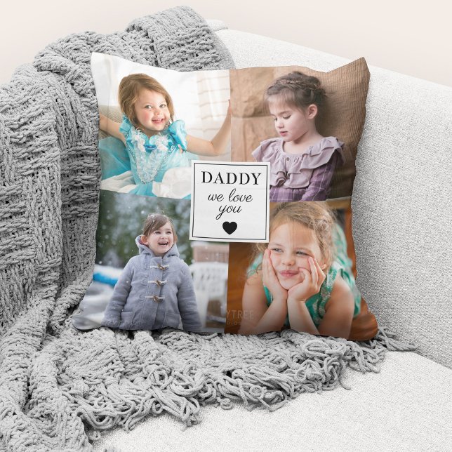 Vaderdag 4 Foto Collage We houden van je Kussen (Cute custom photo collage "Daddy We Love You" throw pillow.)