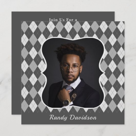 Vaderdag Aangepast Foto grijs Argyle Dinner Party Kaart (Voorkant / Achterkant)
