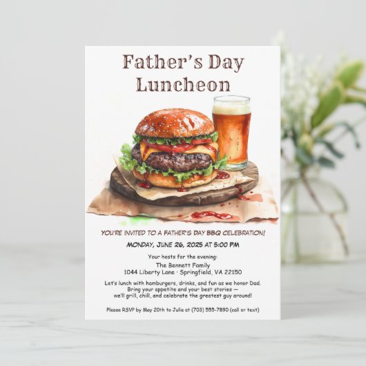 Vaderdag BBQ Uitnodiging – Hamburgers, Drinken (Staand voorkant)