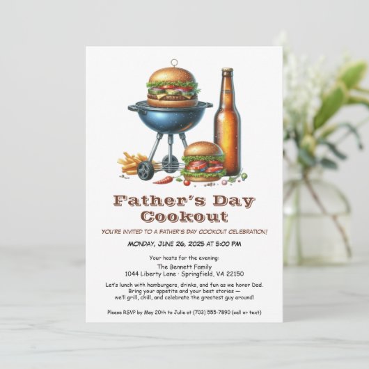 Vaderdag BBQ Uitnodiging – Hamburgers, Drinken (Staand voorkant)