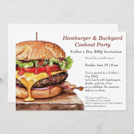 Vaderdag BBQ Uitnodiging – Sappige Hamburger Cook (Voorkant / Achterkant)