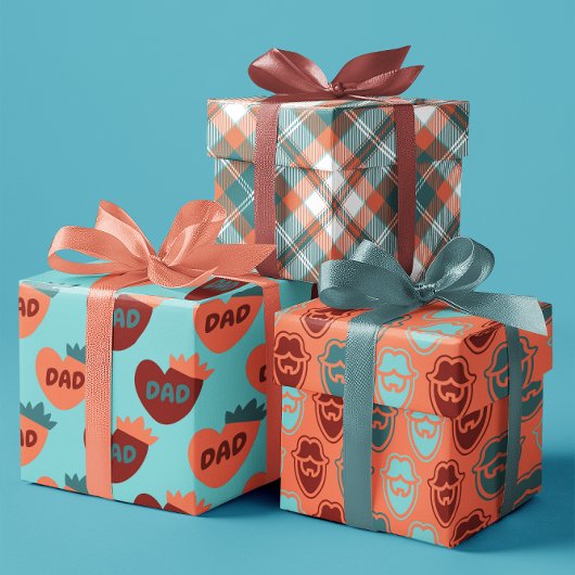 Vaderdag Blauwgroen en Oranje hart papa set van 3 Inpakpapier Vel