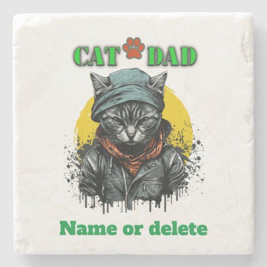 Vaderdag - CAT DAD. Editable name/bericht Stenen Onderzetter (Voorkant)