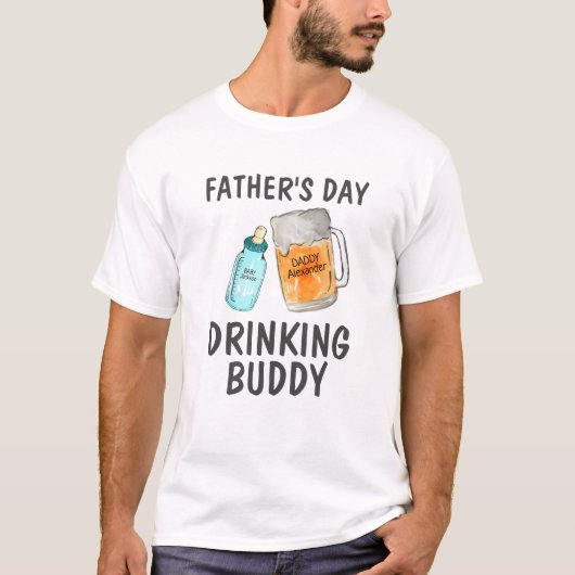 Vaderdag Drink Buddy Beer Baby Bottle Naam T-shirt (Voorkant)