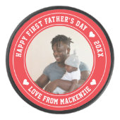 Vaderdag gepersonaliseerde foto en tekst hockey puck (Voorkant)