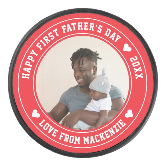 Vaderdag gepersonaliseerde foto en tekst hockey puck (Voorkant)