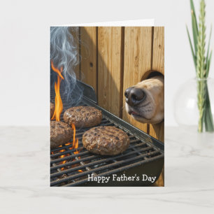 Vaderdag Hond Snuffelt aan Hamburgers Op een Grill Kaart