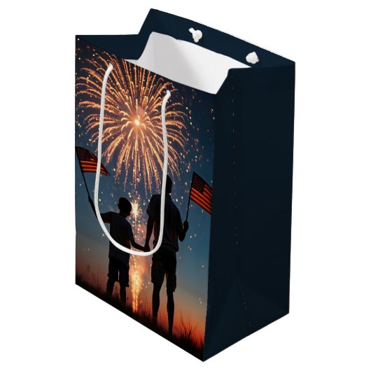 Vaderdag met vuurwerk en Amerikaanse vlaggen Medium Cadeauzakje (Voorkant Gekanteld)