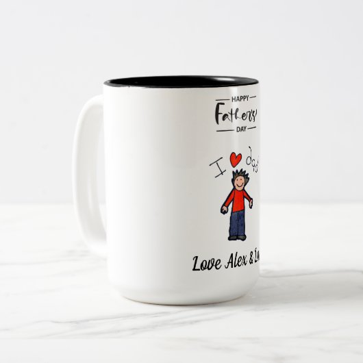 Vaderdag Mok. Persoonlijke namen. Tweekleurige Koffiemok (Voorkant links)