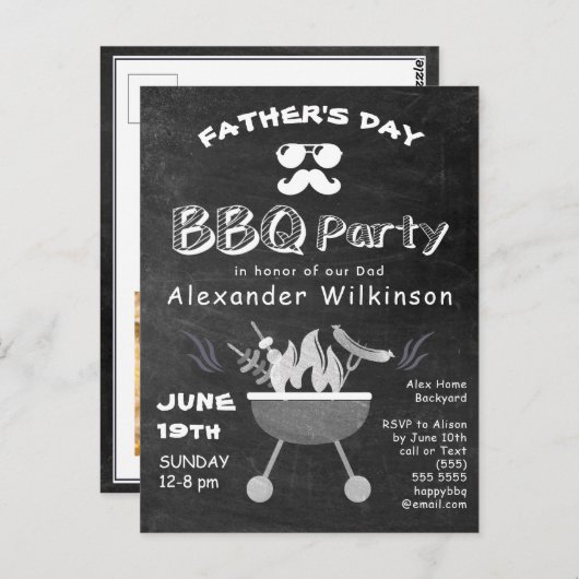 Vaderdag Photo Rustic Chalkboard BBQ Invite Briefkaart (Voorkant / Achterkant)