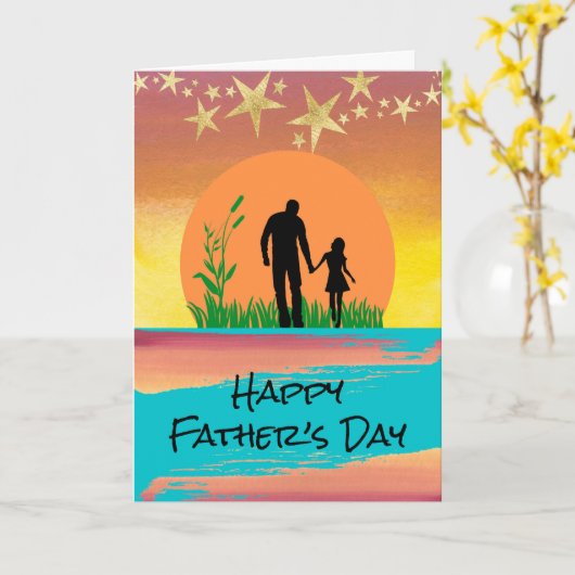 Vaderdag Silhouette Pap en Daughter Stars Kaart (Gele Bloem)