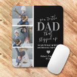 Vaderdag Step dad Photo Muismat<br><div class="desc">Stijlvolle zwarte stepdad mousepad met 4 foto's van de kinderen, de boodschap "jij bent de vader die omhoog is gegaan", een gepersonaliseerde boodschap die je kunt behouden of veranderen in je eigen, een schattig hart, en je kindernamen.</div>