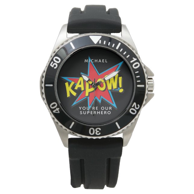 Vaderdag Superhero Comic Aangepaste naam Horloge (Voorkant)