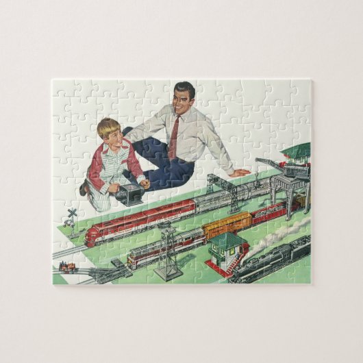 Vaderdag, vader en zoon met treinen Legpuzzel (Horizontaal)