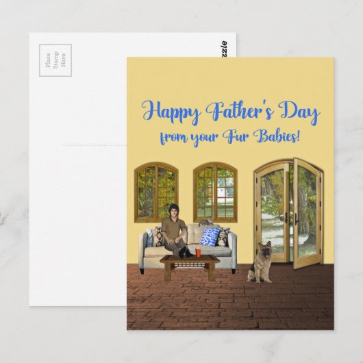 Vaderdag van bontbaby's, Man op de bank met kat Briefkaart (Voorkant / Achterkant)