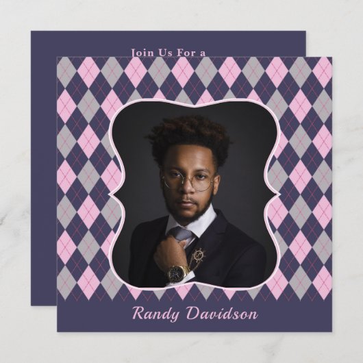 Vaders Dag Foto Blauw Roze Argyle Dinner Party Kaart (Voorkant / Achterkant)