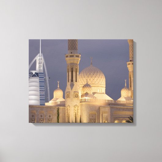 VAE, Dubai. Moskee 's avonds met Burj al Arab Canvas Afdruk (Voorkant)