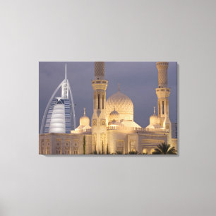 VAE, Dubai. Moskee 's avonds met Burj al Arab Canvas Afdruk