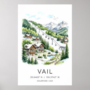 Vail Colorado Muurkunst Aquarel Winterdorp Poster