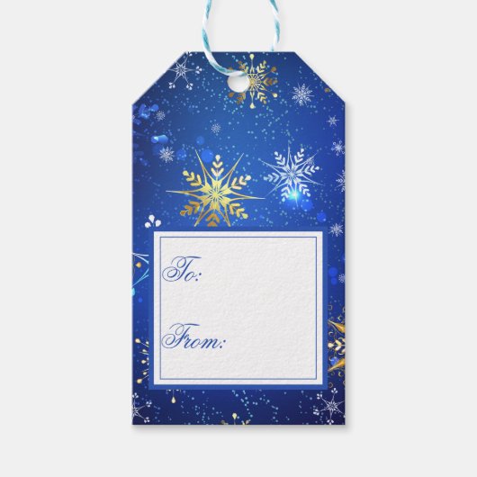 Vakanaal Goud Blauwe Snowflakes Kerstmis Cadeaulabel (Voorkant)