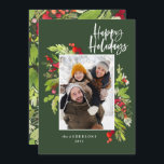 Vakanaal groen blad traditionele rustige foto feestdagenkaart<br><div class="desc">Fijne feestdag groene kerstfeestfoto. Mooie waterverf schilderde bladeren en moderne scripttekst. Deel van een collectie.</div>