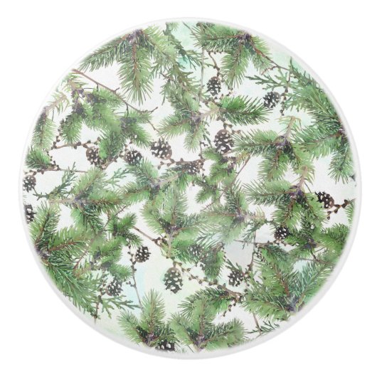 Vakanaal: Groen en Pijn Cones Land Winter Rustic Keramische Knop (Voorkant)