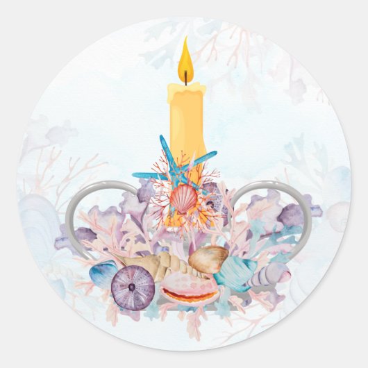Vakandel met zeeschelpen en koraal ronde sticker (Voorkant)
