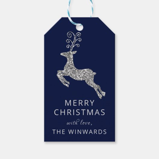 Vakanesblauw en zilver Glitter Reindeer Cadeaulabel (Voorkant)