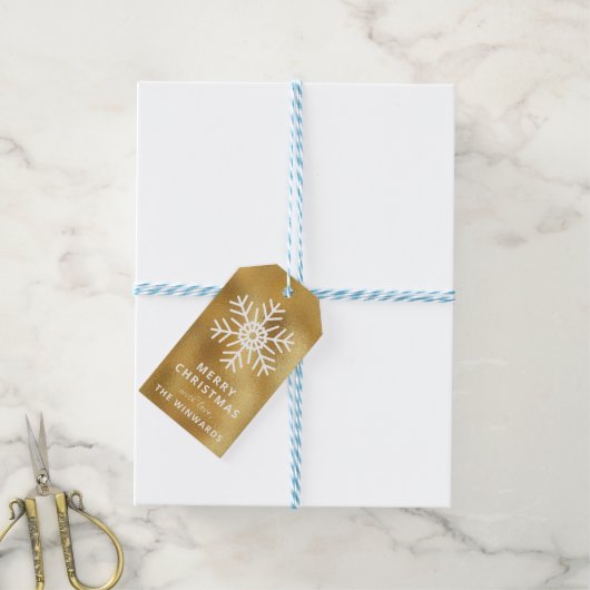 Vakankerfeestdag Gold Foil & White Snowflake Cadeaulabel (Met Touw)