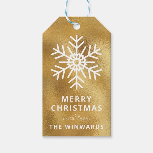 Vakankerfeestdag Gold Foil & White Snowflake Cadeaulabel (Voorkant)