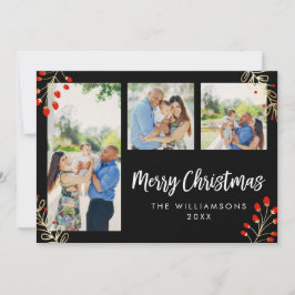 Vakantie 3-fotokaart | Rode bessen en goudbladeren Feestdagenkaart