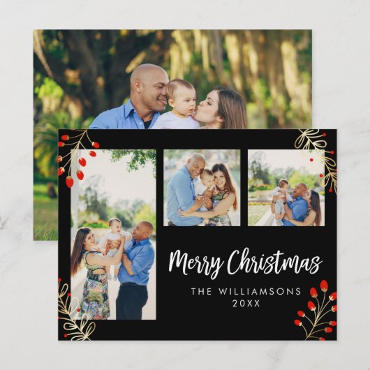 Vakantie 3 fotokaart | Rode bessen en gouden blade Feestdagenkaart (Voorkant / Achterkant)