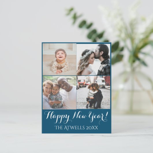 Vakantie 4 Foto's Happy New Year Family Blue Feestdagenkaart (Staand voorkant)