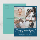 Vakantie 4 Foto's Happy New Year Family Blue Feestdagenkaart (Voorkant / Achterkant)