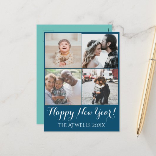 Vakantie 4 Foto's Happy New Year Family Blue Feestdagenkaart (Voorkant / Achterkant in situ)