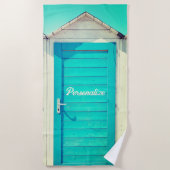 Vakantie aan het strand cabana turquoise wit strandlaken (Voorkant)